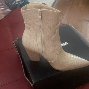 Cream side zip bootie faux crocodile print